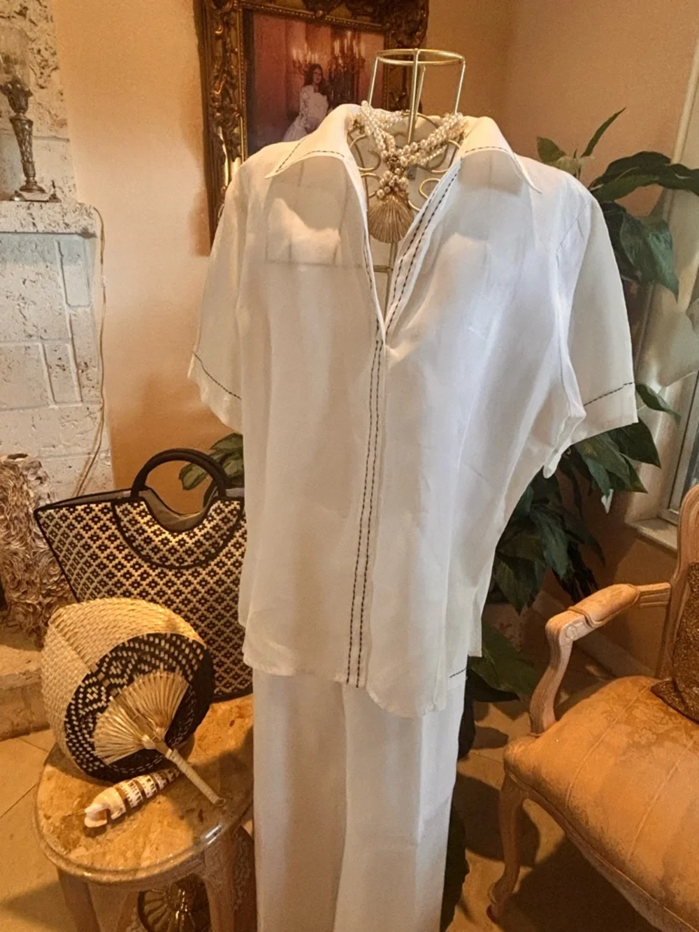 Giorgiana by Naji Linen Set XL White Resort Coastal Wide Leg Outfit - Picture 9 of 12